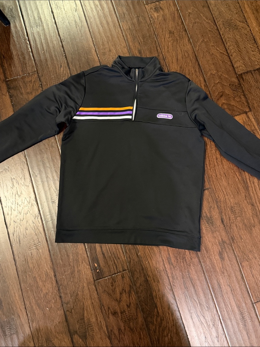 Adidas Golf Black quarter-Zip Pullover with Purple & Gold Stripe; size Large